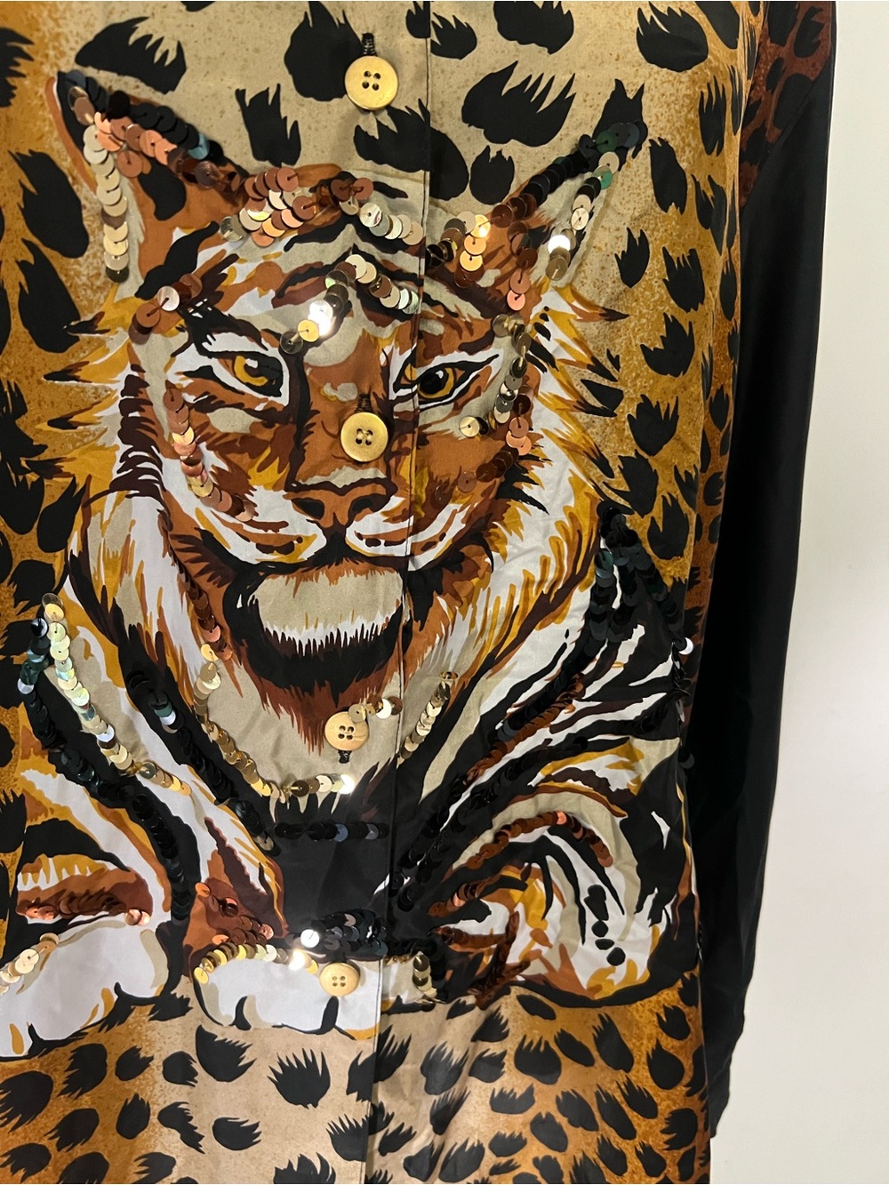 Silk Button up Shirt with Tiger Motif - Black and Brown & Animal Print, XL, NWT - Picture 3 of 9